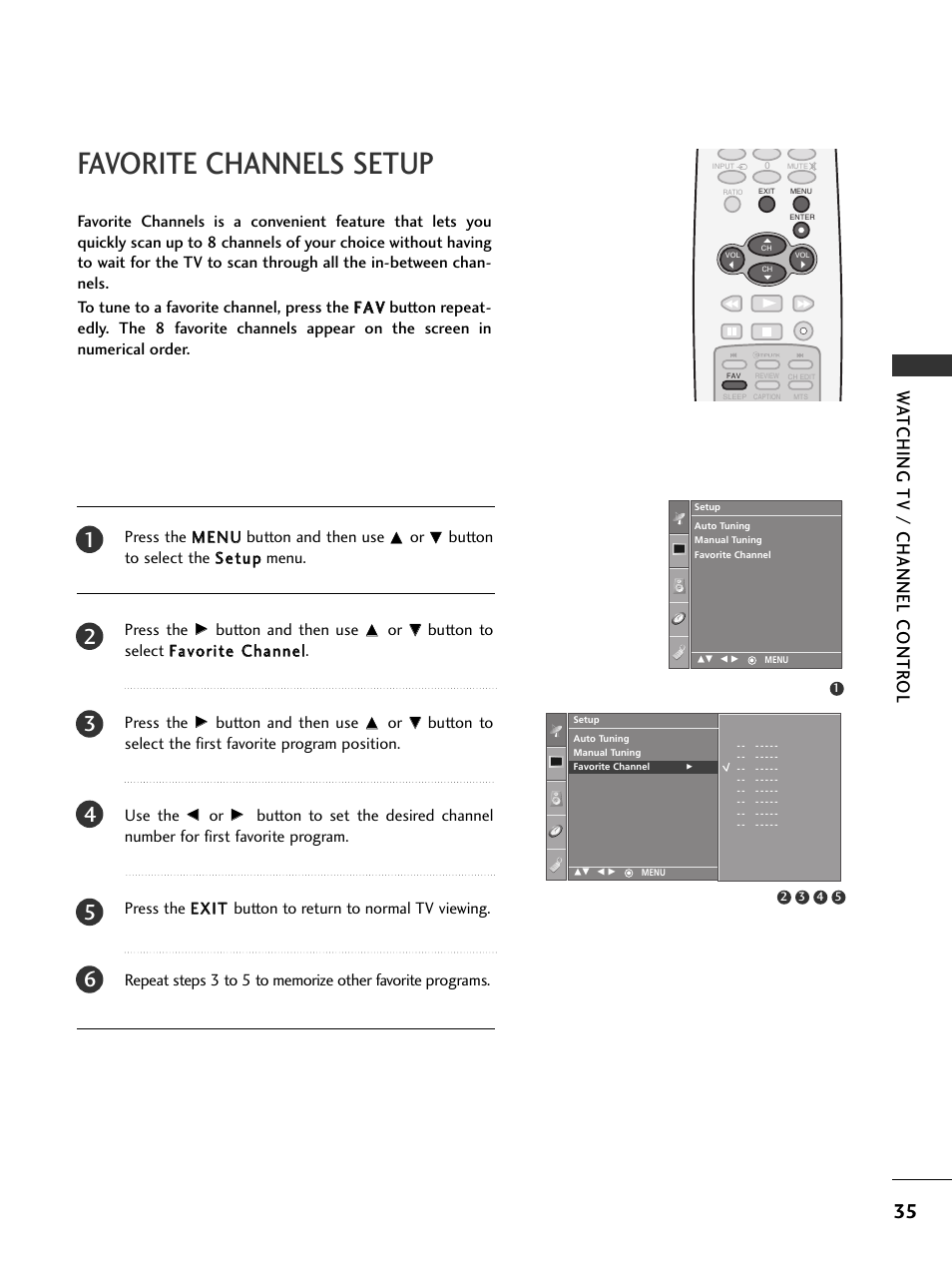 Favorite channels setup, Watching tv / channel contr ol | LG 32PC5RV User Manual | Page 37 / 78