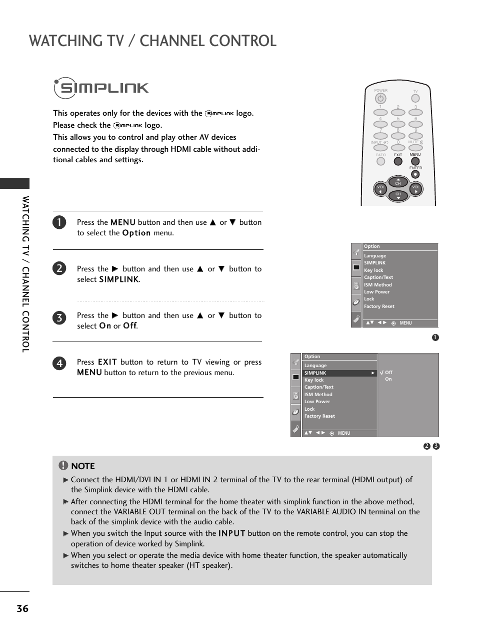 Simplink, Watching tv / channel control, Watching tv / channel contr ol | LG 32PC5RV User Manual | Page 38 / 78