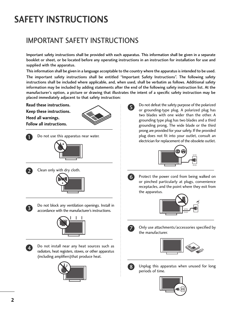 Safety instructions, Important safety instructions | LG 32PC5RV User Manual | Page 4 / 78