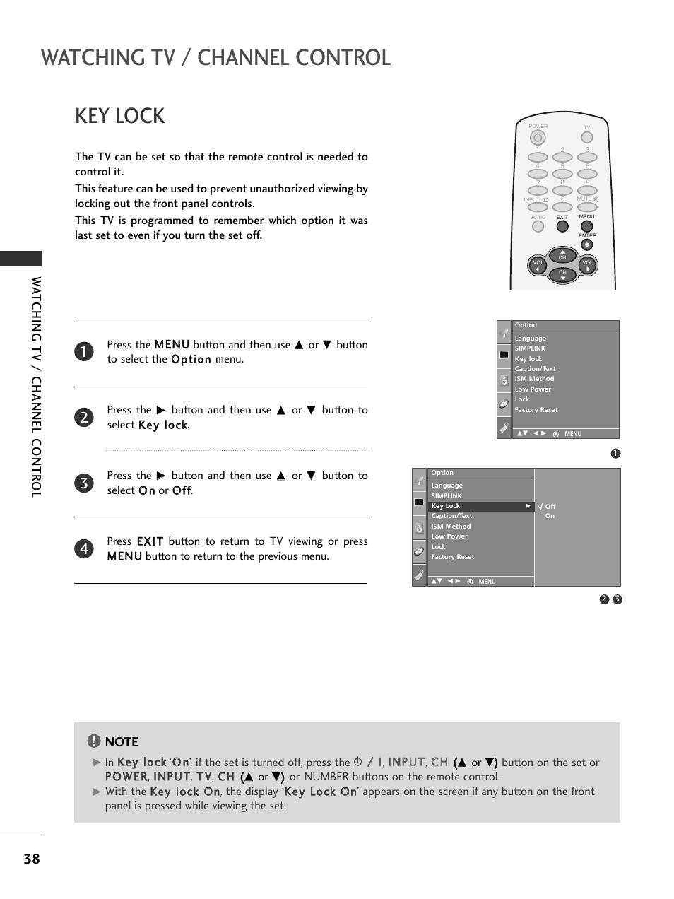 Key lock, Watching tv / channel control, Watching tv / channel contr ol | LG 32PC5RV User Manual | Page 40 / 78