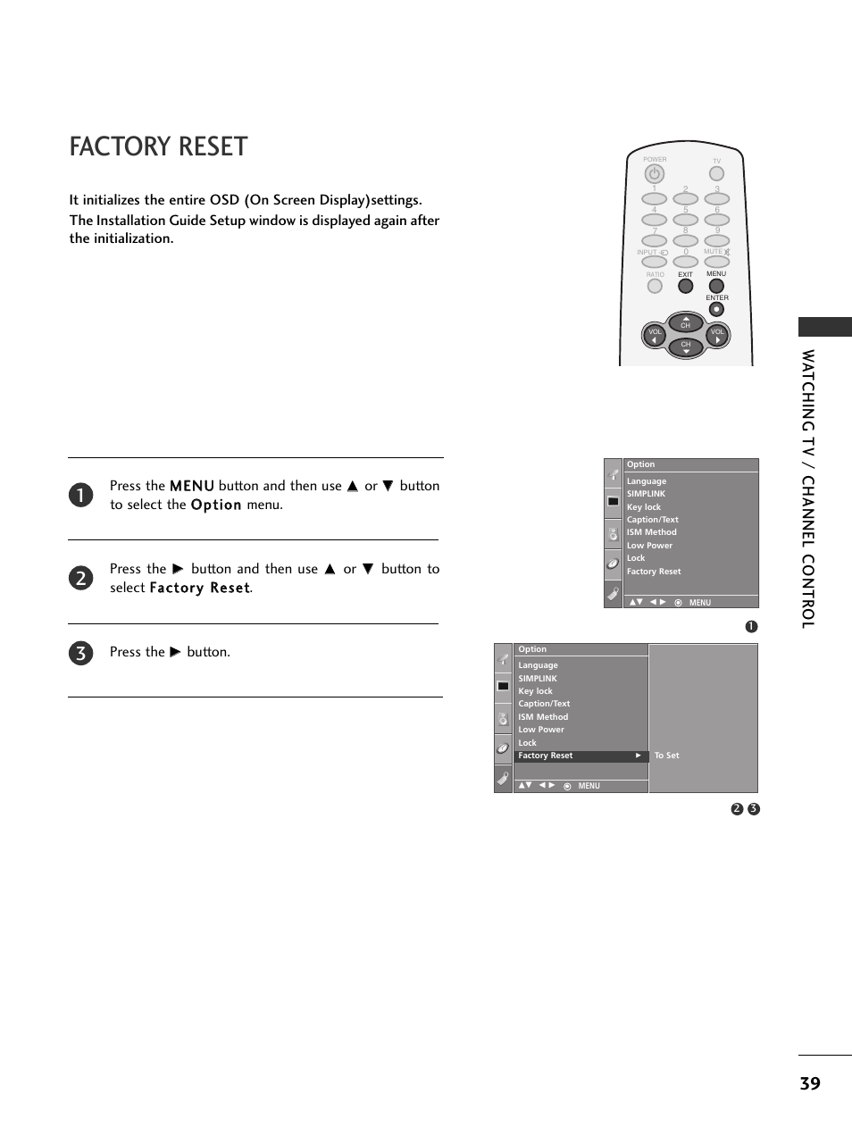 Factory reset, Watching tv / channel contr ol, Press the m meen nu u button and then use | Button and then use, Button | LG 32PC5RV User Manual | Page 41 / 78