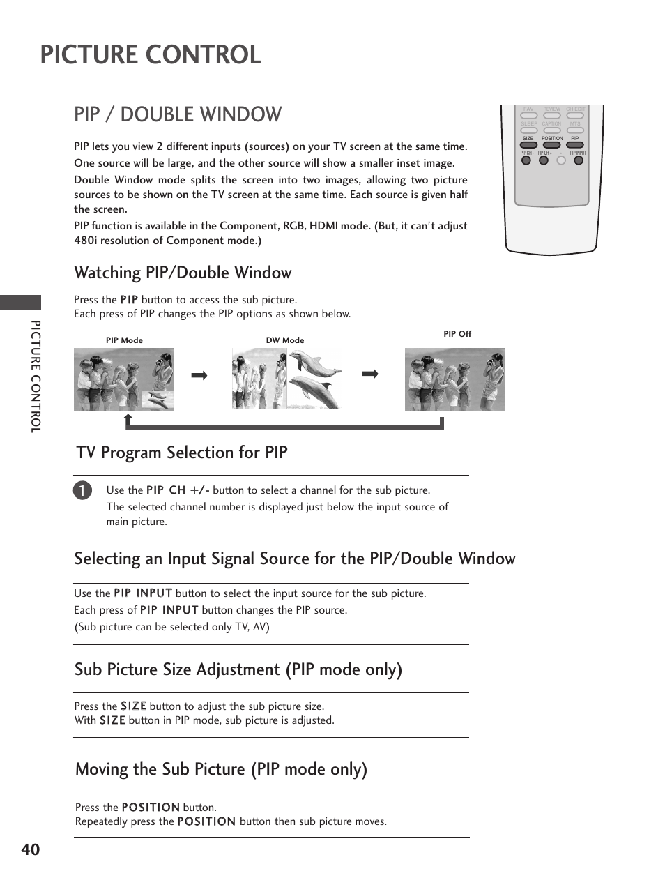 Picture control, Pip / double window, Watching pip/double window | Tv program selection for pip, Sub picture size adjustment (pip mode only), Moving the sub picture (pip mode only) | LG 32PC5RV User Manual | Page 42 / 78