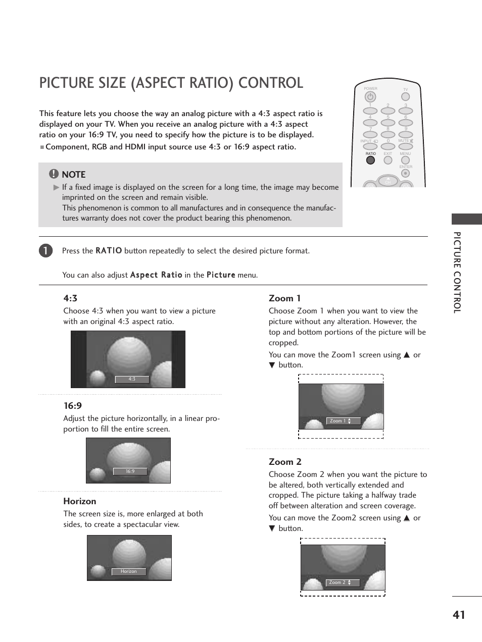 Picture size (aspect ratio) control, Picture contr ol, Horizon | Zoom1, Zoom 2 | LG 32PC5RV User Manual | Page 43 / 78