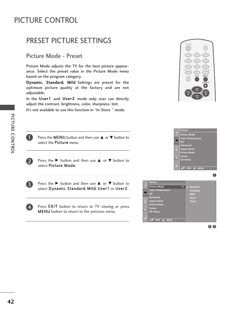 Preset picture settings, Picture mode - preset, Picture control | Picture contr ol | LG 32PC5RV User Manual | Page 44 / 78