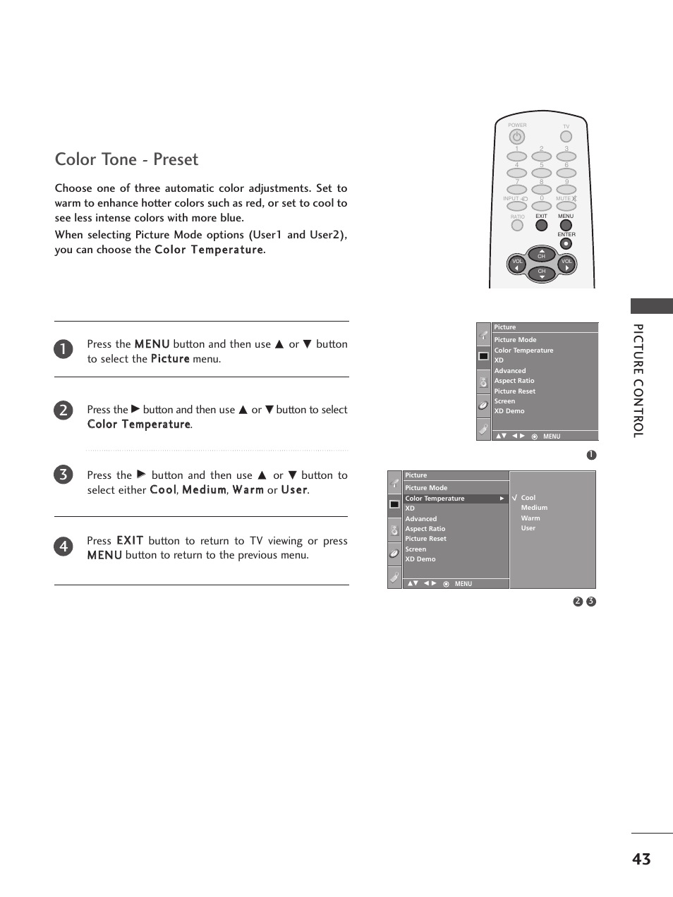 Color tone - preset, Picture contr ol | LG 32PC5RV User Manual | Page 45 / 78