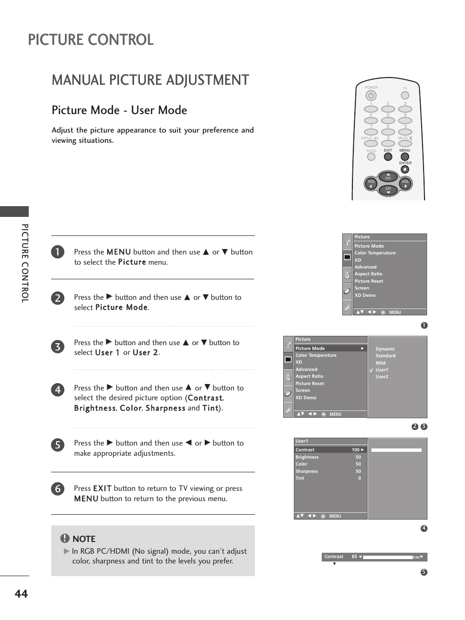 Manual picture adjustment, Picture mode - user mode, Picture control | Picture contr ol | LG 32PC5RV User Manual | Page 46 / 78