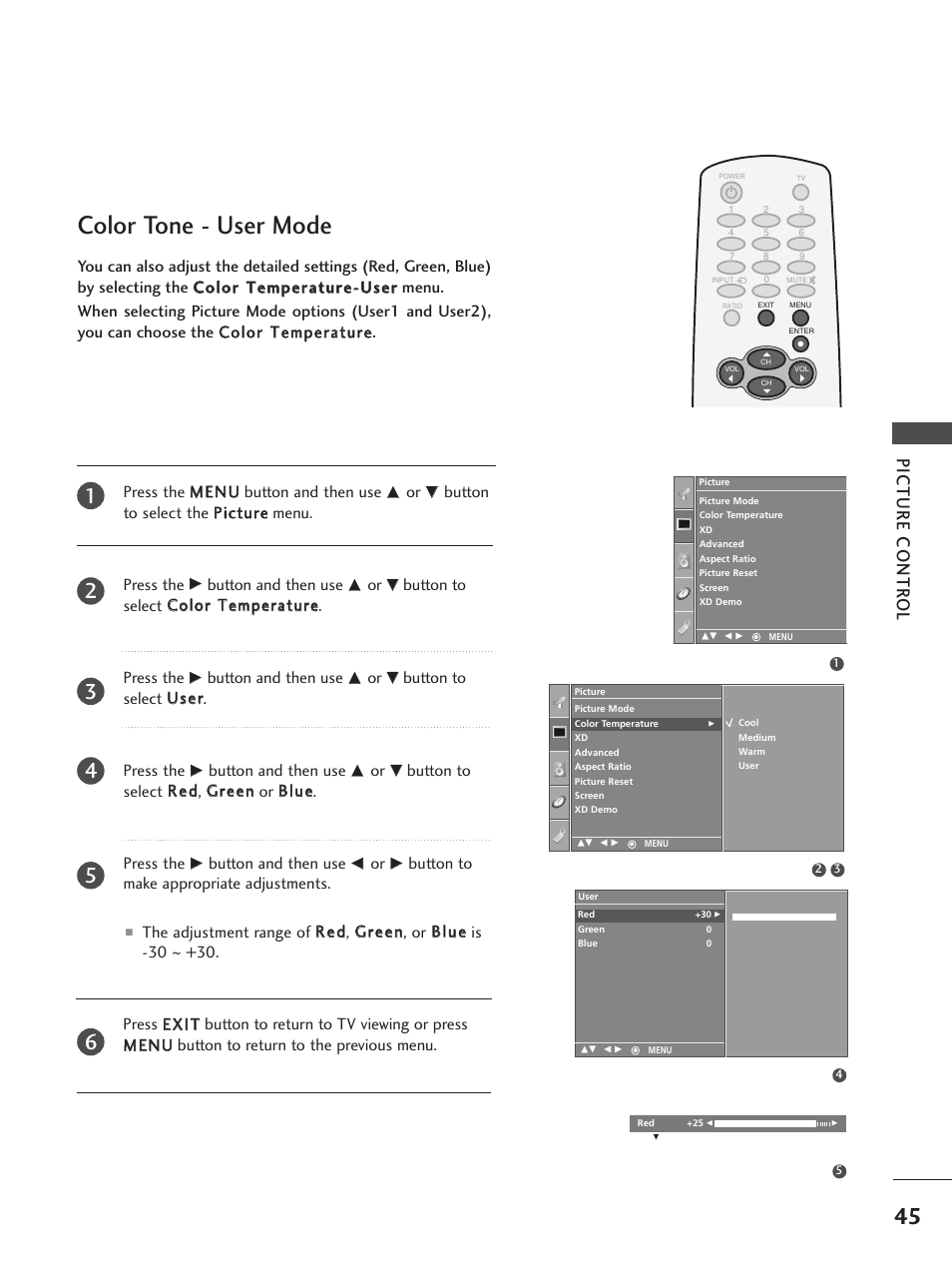 Color tone - user mode, Picture contr ol | LG 32PC5RV User Manual | Page 47 / 78