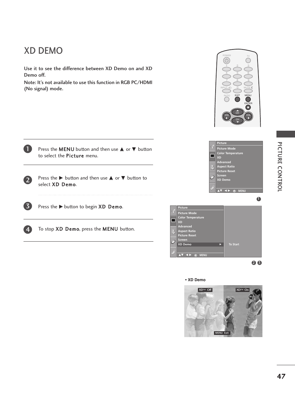 Xd demo, Picture contr ol, Button and then use | Button to select x xd d d deem mo o. press the | LG 32PC5RV User Manual | Page 49 / 78