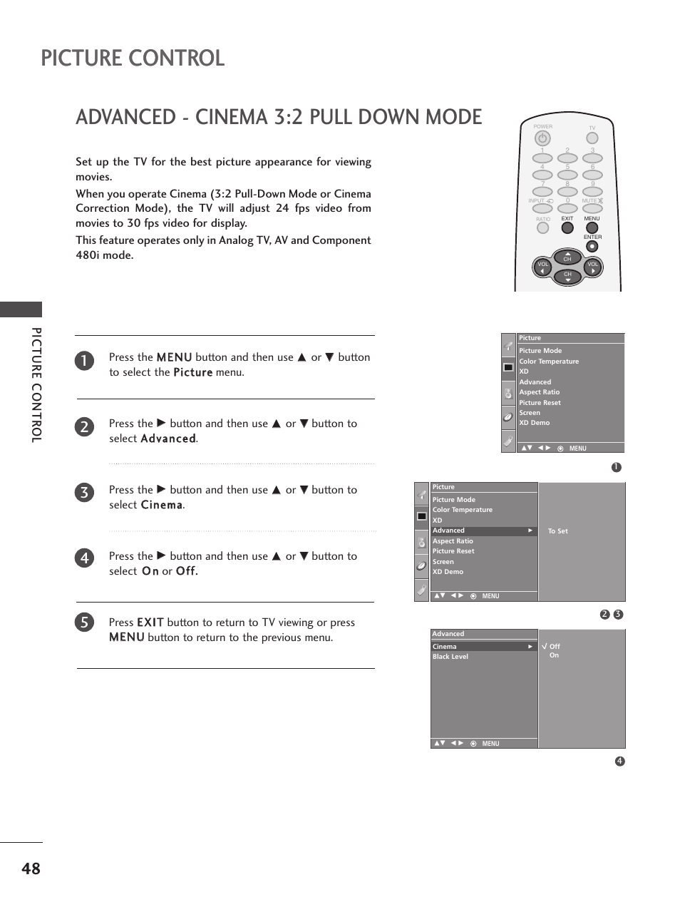 Advanced - cinema 3:2 pull down mode, Picture control, Picture contr ol | LG 32PC5RV User Manual | Page 50 / 78