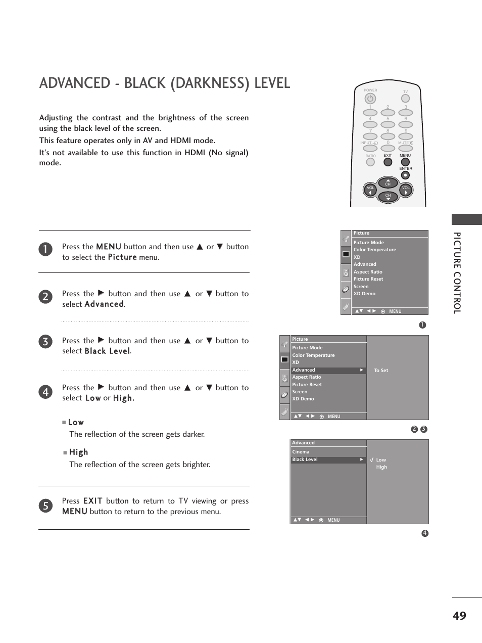 Advanced - black (darkness) level, Picture contr ol, Button and then use | Button to select a ad dvvaanncceed d. press the, Button to select b bllaacckk lleevveell. press the | LG 32PC5RV User Manual | Page 51 / 78