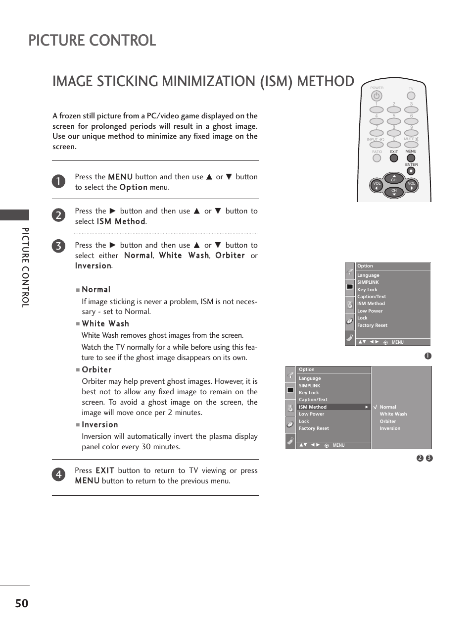 Image sticking minimization (ism) method, Picture control, Picture contr ol | LG 32PC5RV User Manual | Page 52 / 78