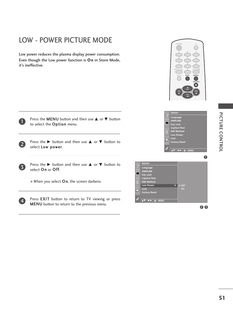 Low - power picture mode, Picture contr ol | LG 32PC5RV User Manual | Page 53 / 78