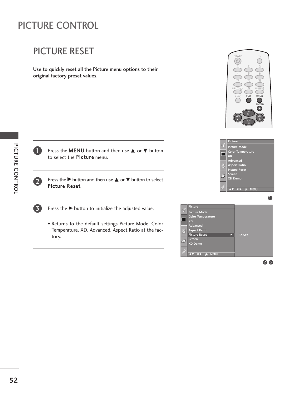 Picture reset, Picture control, Picture contr ol | Press the m meen nu u button and then use, Button and then use | LG 32PC5RV User Manual | Page 54 / 78