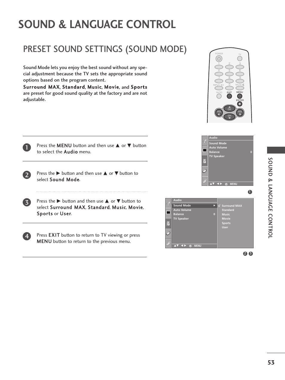 Sound & language control, Preset sound settings (sound mode), Sound & langu a ge contr ol | LG 32PC5RV User Manual | Page 55 / 78