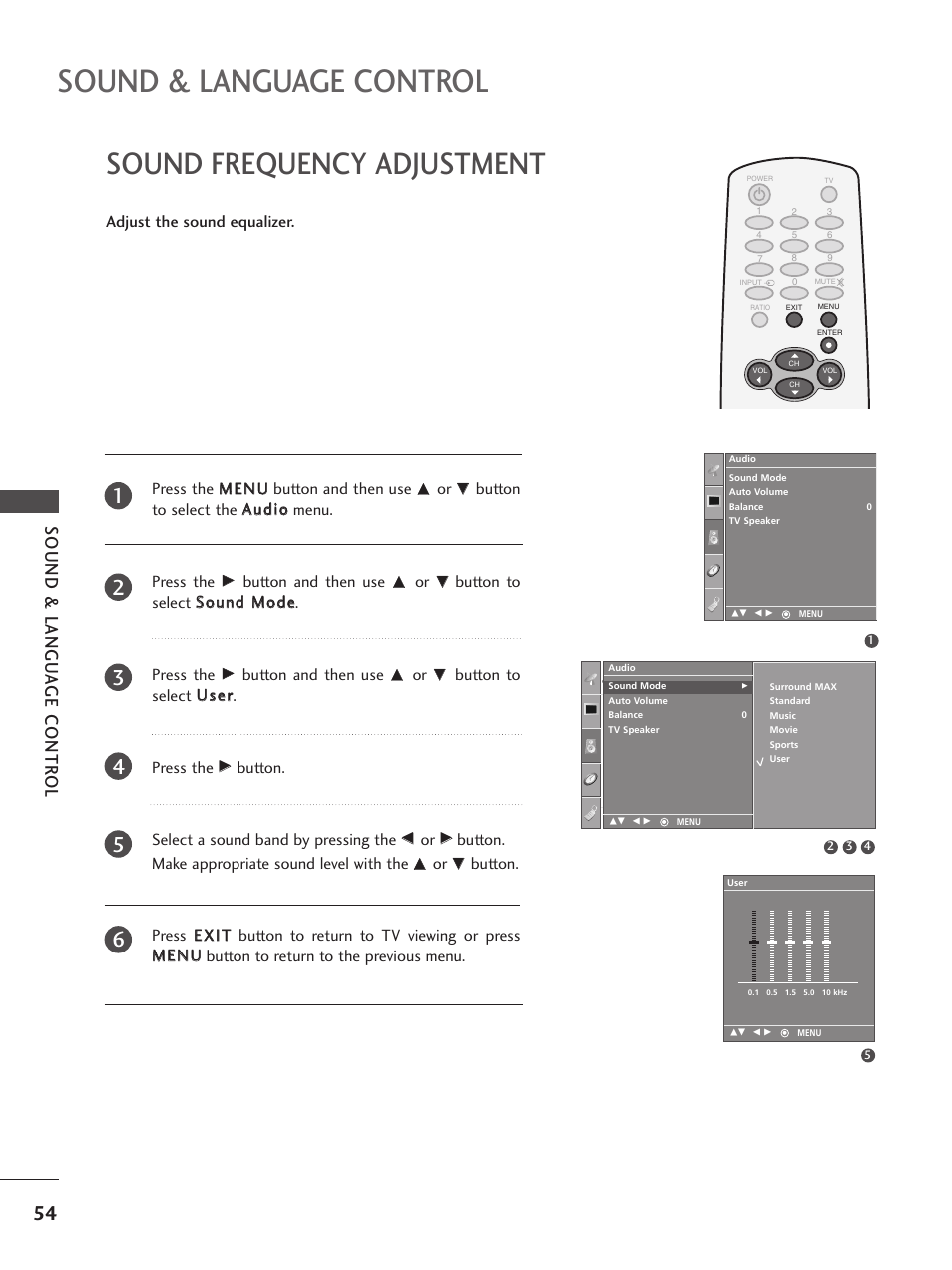 Sound frequency adjustment, Sound & language control, Sound & langu a ge contr ol | LG 32PC5RV User Manual | Page 56 / 78