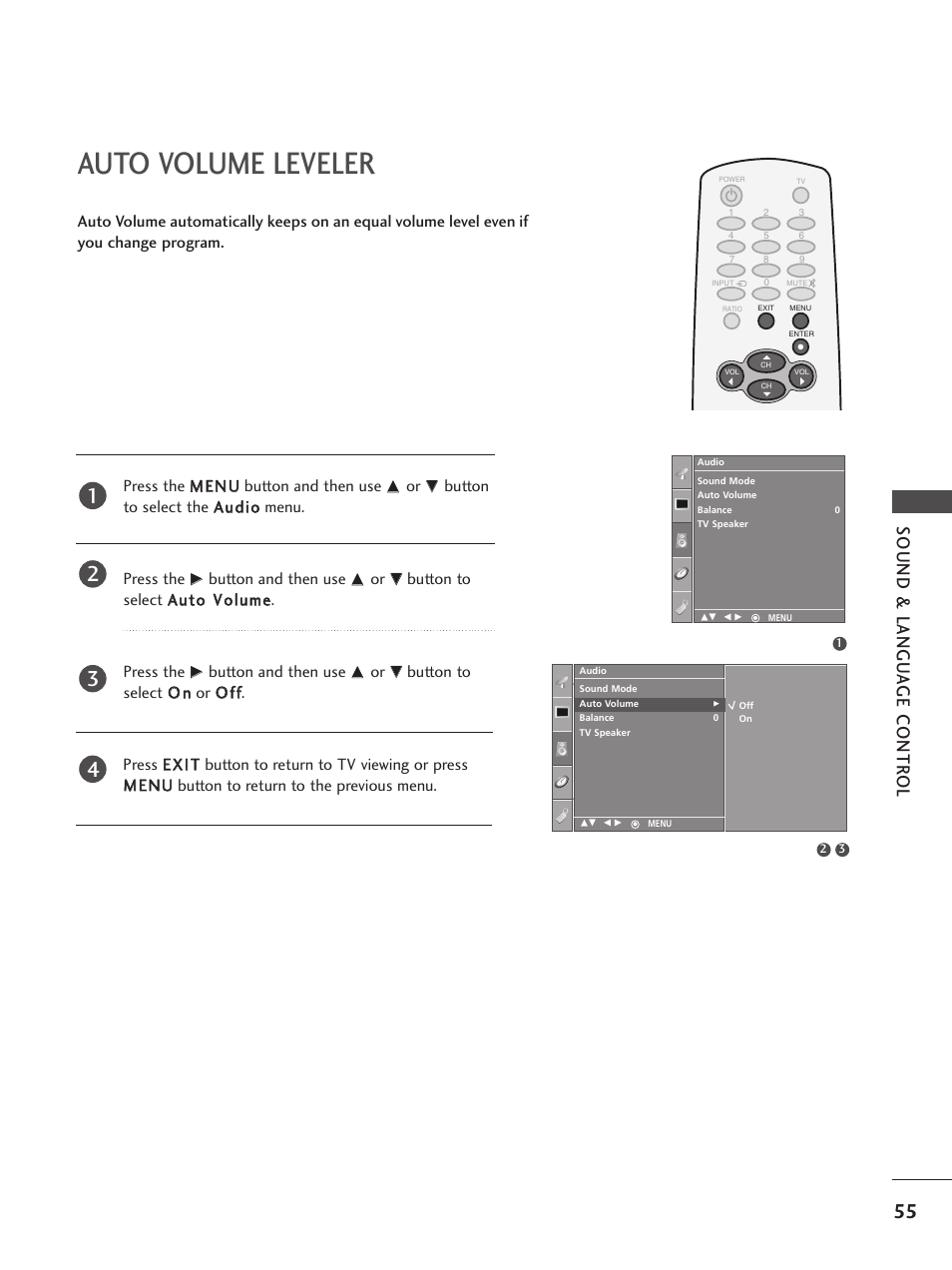 Auto volume leveler, Sound & langu a ge contr ol | LG 32PC5RV User Manual | Page 57 / 78