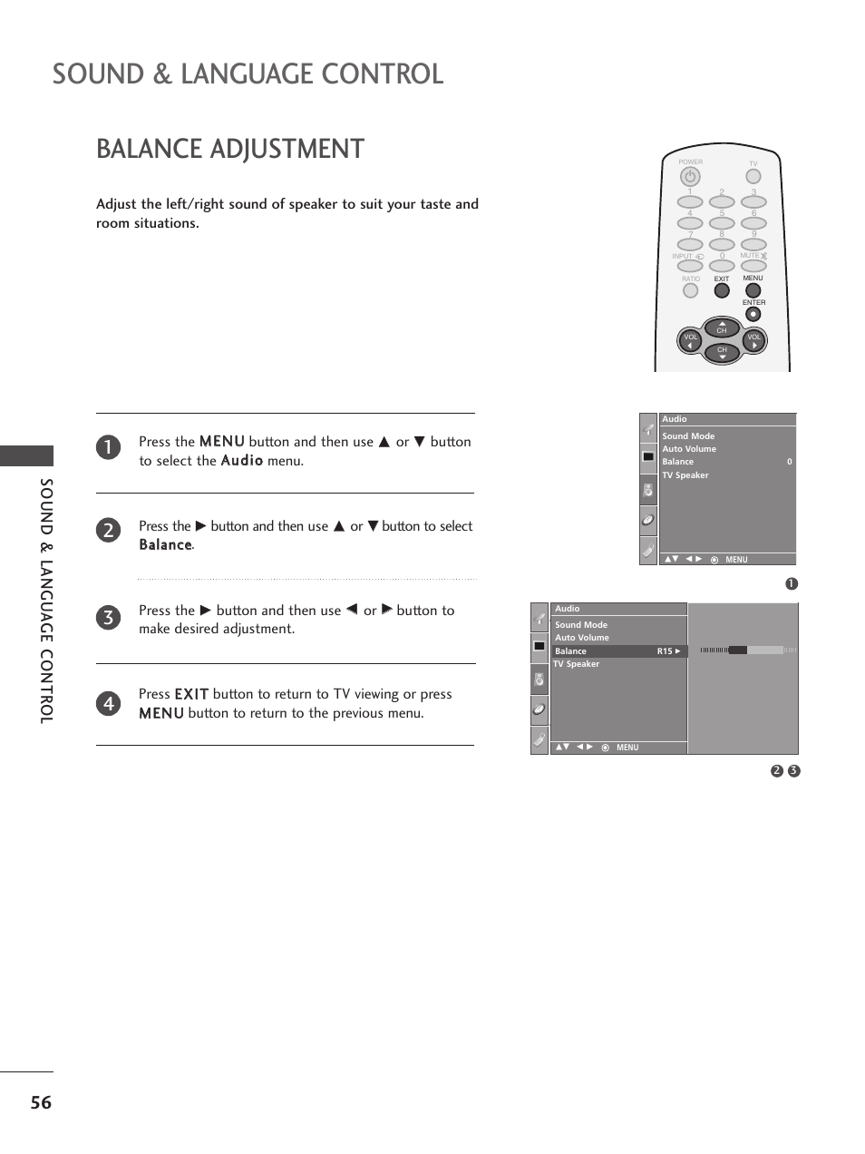 Balance adjustment, Sound & language control, Sound & langu a ge contr ol | LG 32PC5RV User Manual | Page 58 / 78