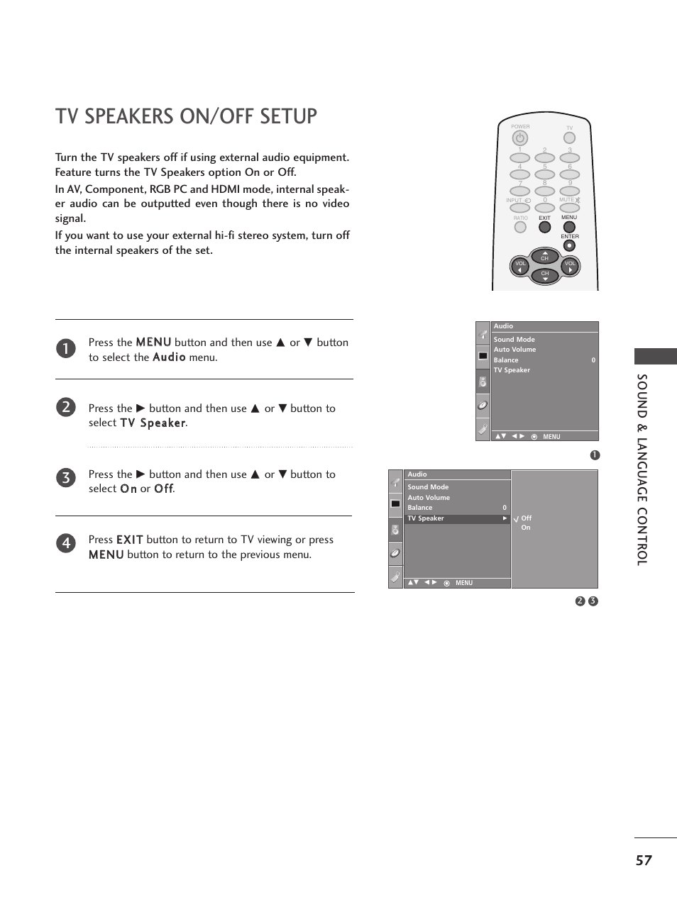 Tv speakers on/off setup, Sound & langu a ge contr ol | LG 32PC5RV User Manual | Page 59 / 78