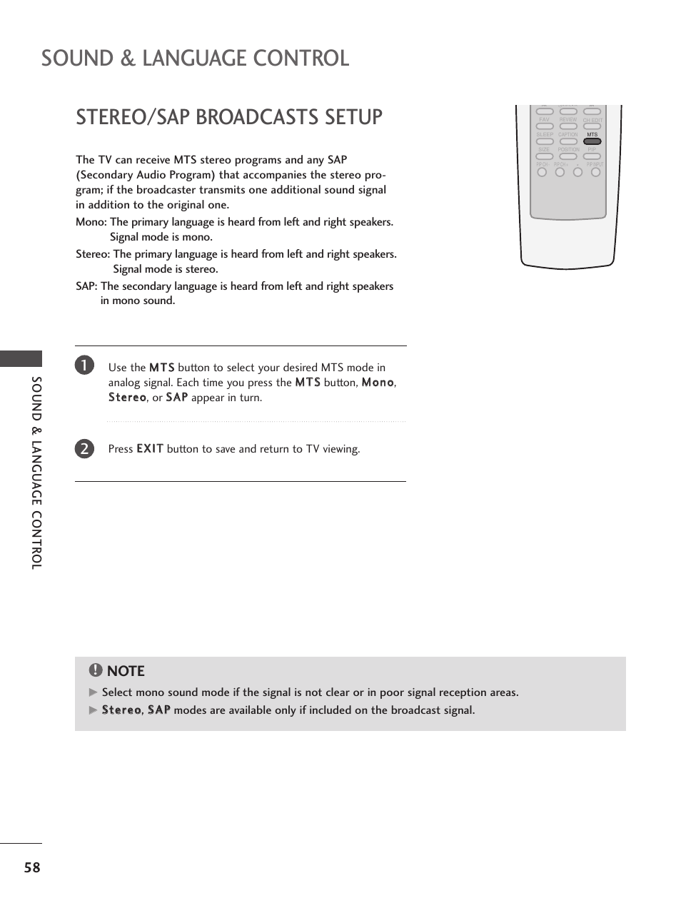 Stereo/sap broadcasts setup, Sound & language control, Sound & langu a ge contr ol | LG 32PC5RV User Manual | Page 60 / 78