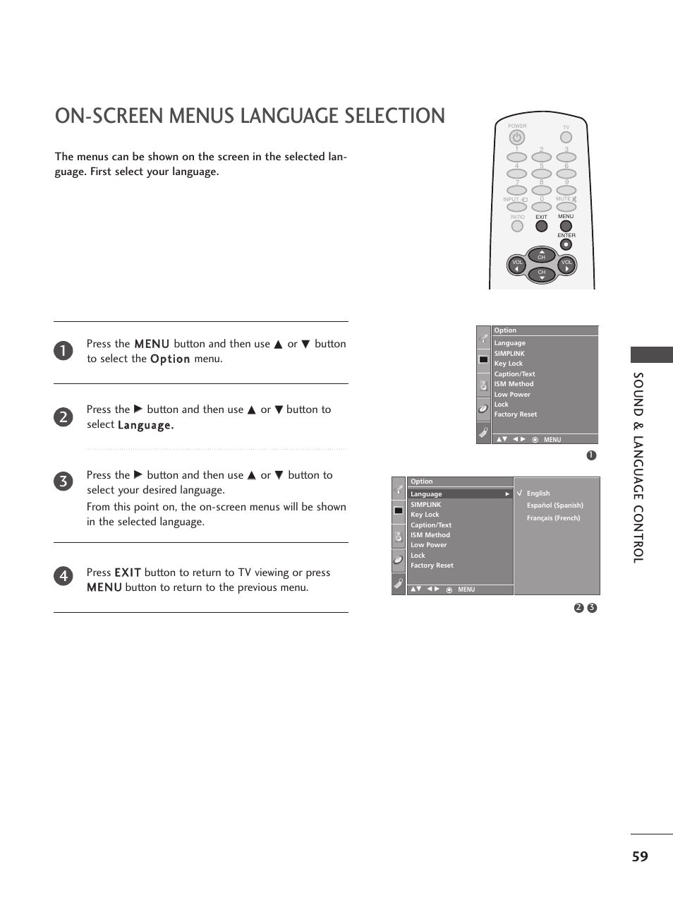 On-screen menus language selection, Sound & langu a ge contr ol, Button and then use | Button to select llaanngguuaaggee.. press the | LG 32PC5RV User Manual | Page 61 / 78