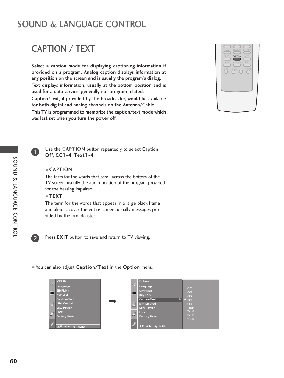 Caption / text, Sound & language control, Sound & langu a ge contr ol | LG 32PC5RV User Manual | Page 62 / 78