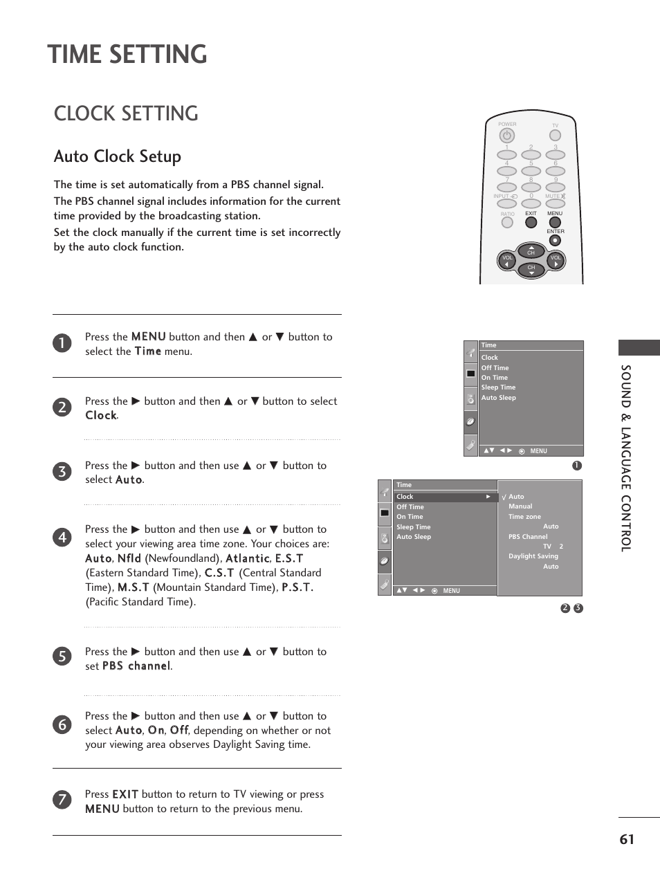 Time setting, Clock setting, Auto clock setup | Sound & langu a ge contr ol | LG 32PC5RV User Manual | Page 63 / 78