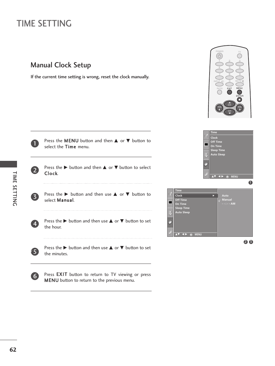 Manual clock setup, Time setting | LG 32PC5RV User Manual | Page 64 / 78