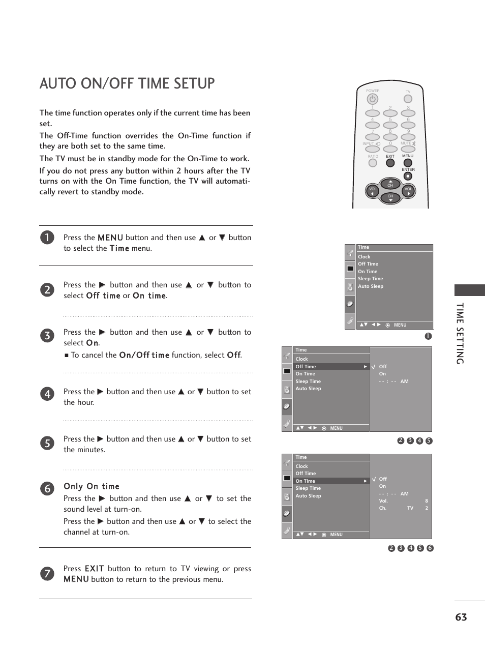 Auto on/off time setup, Time setting | LG 32PC5RV User Manual | Page 65 / 78