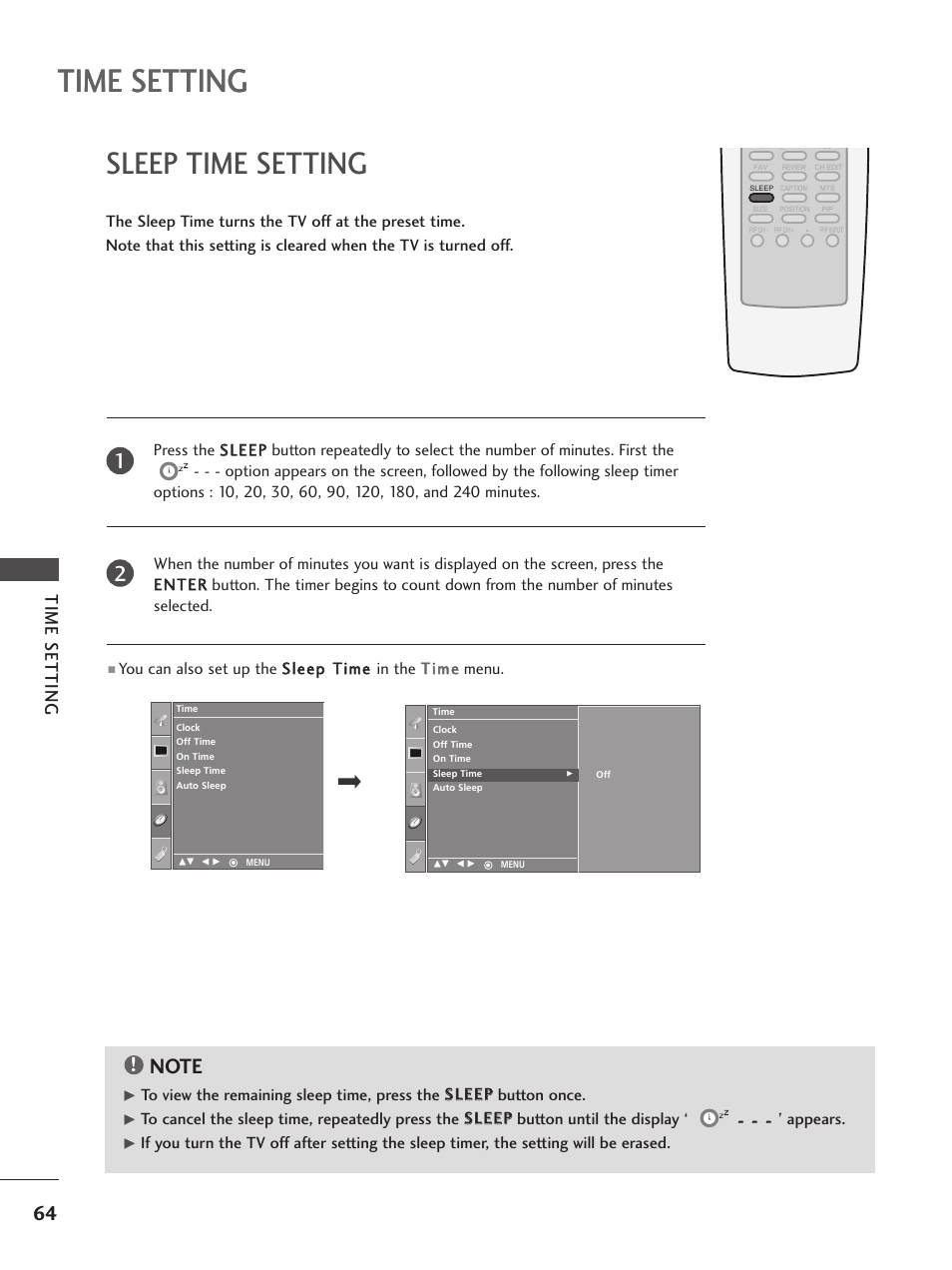 Sleep time setting, Time setting | LG 32PC5RV User Manual | Page 66 / 78