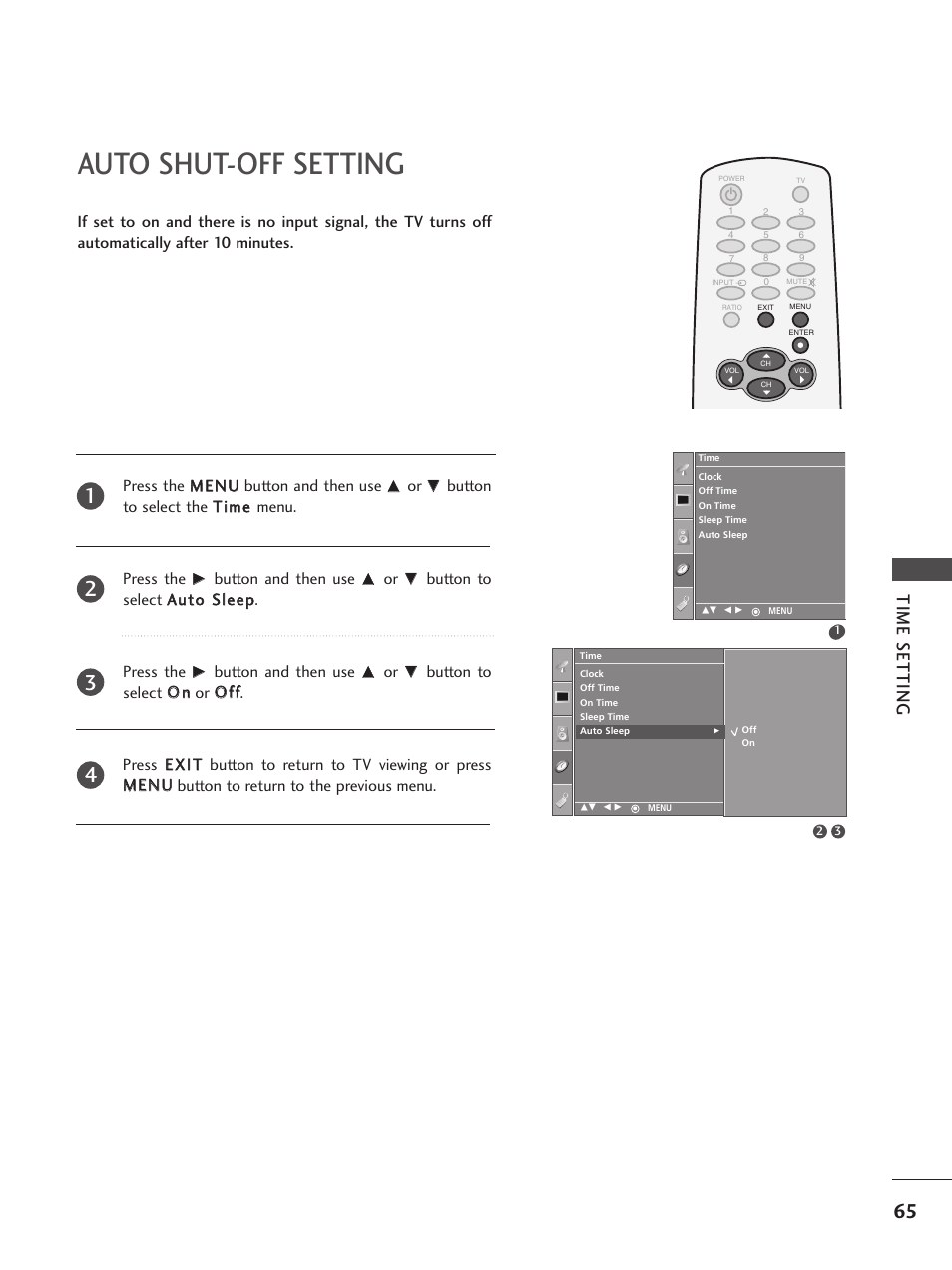 Auto shut-off setting, Time setting | LG 32PC5RV User Manual | Page 67 / 78