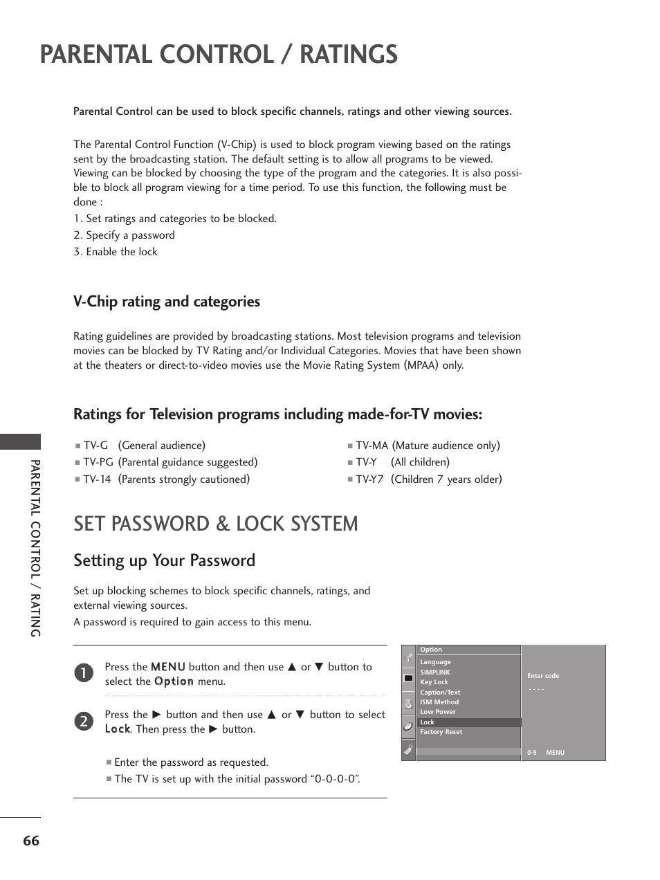 Parental control / ratings, Set password & lock system, Setting up your password | V-chip rating and categories, Parent al contr ol / r ating | LG 32PC5RV User Manual | Page 68 / 78