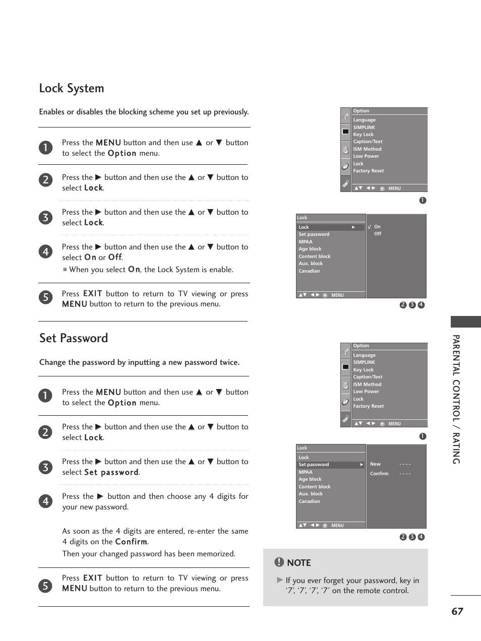 Lock system, Set password, Parent al contr ol / r ating | LG 32PC5RV User Manual | Page 69 / 78