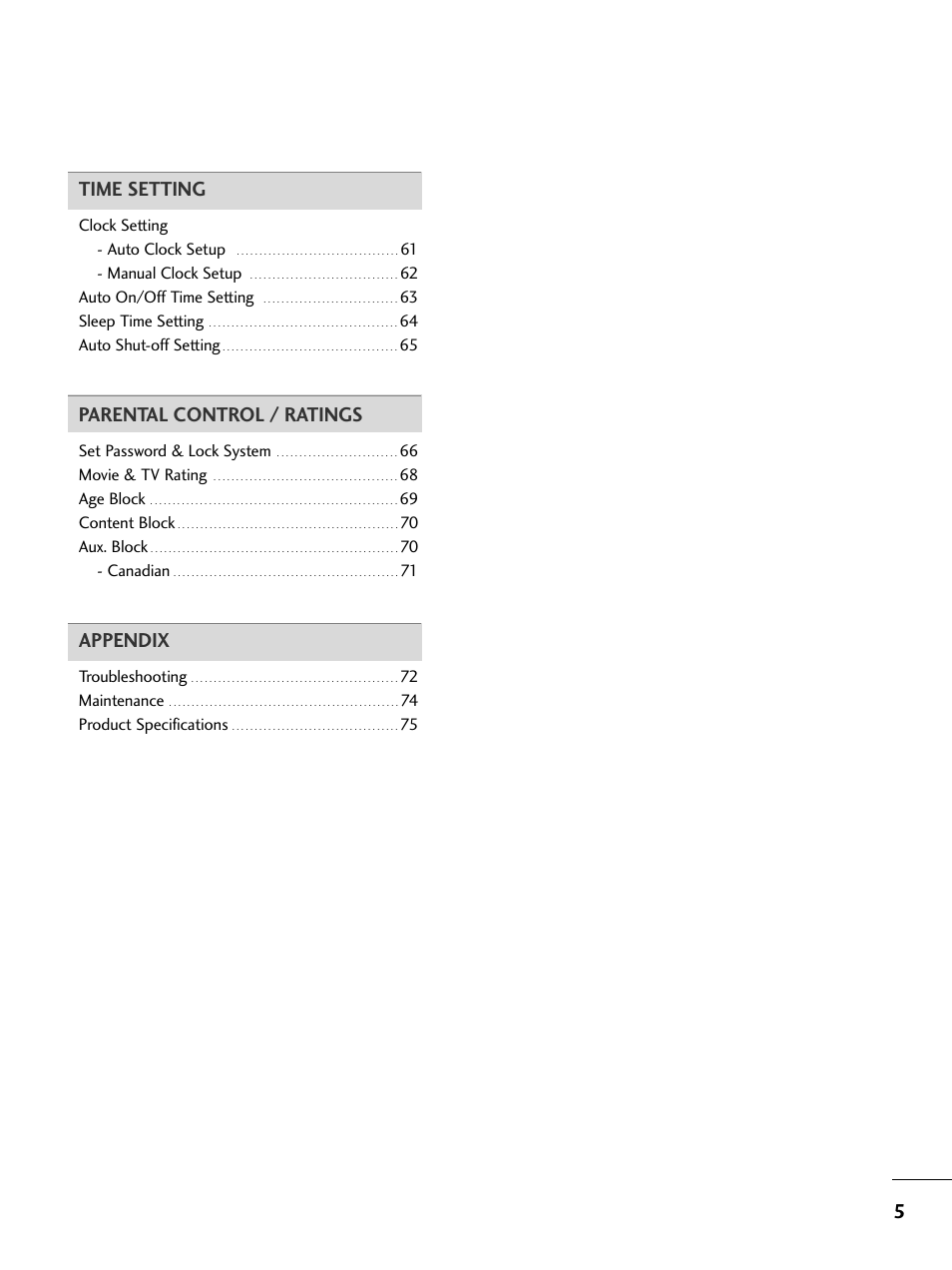 5time setting, Parental control / ratings, Appendix | LG 32PC5RV User Manual | Page 7 / 78