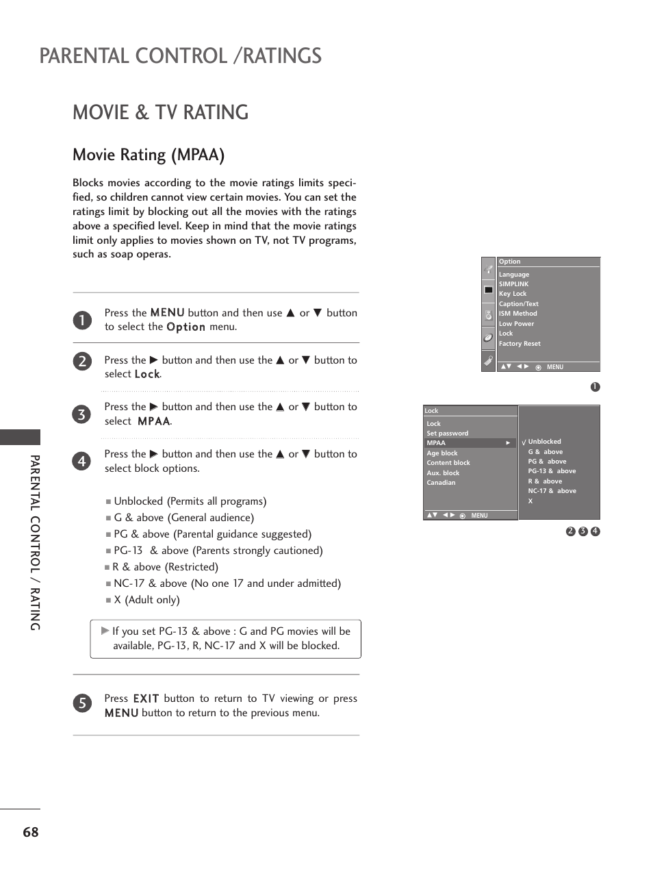 Movie & tv rating, Movie rating (mpaa), Parental control /ratings | Parent al contr ol / r ating | LG 32PC5RV User Manual | Page 70 / 78