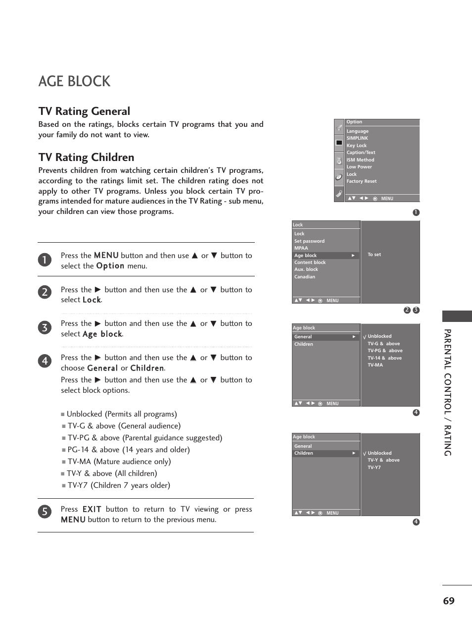 Age block, Tv rating general, Tv rating children | Parent al contr ol / r ating | LG 32PC5RV User Manual | Page 71 / 78