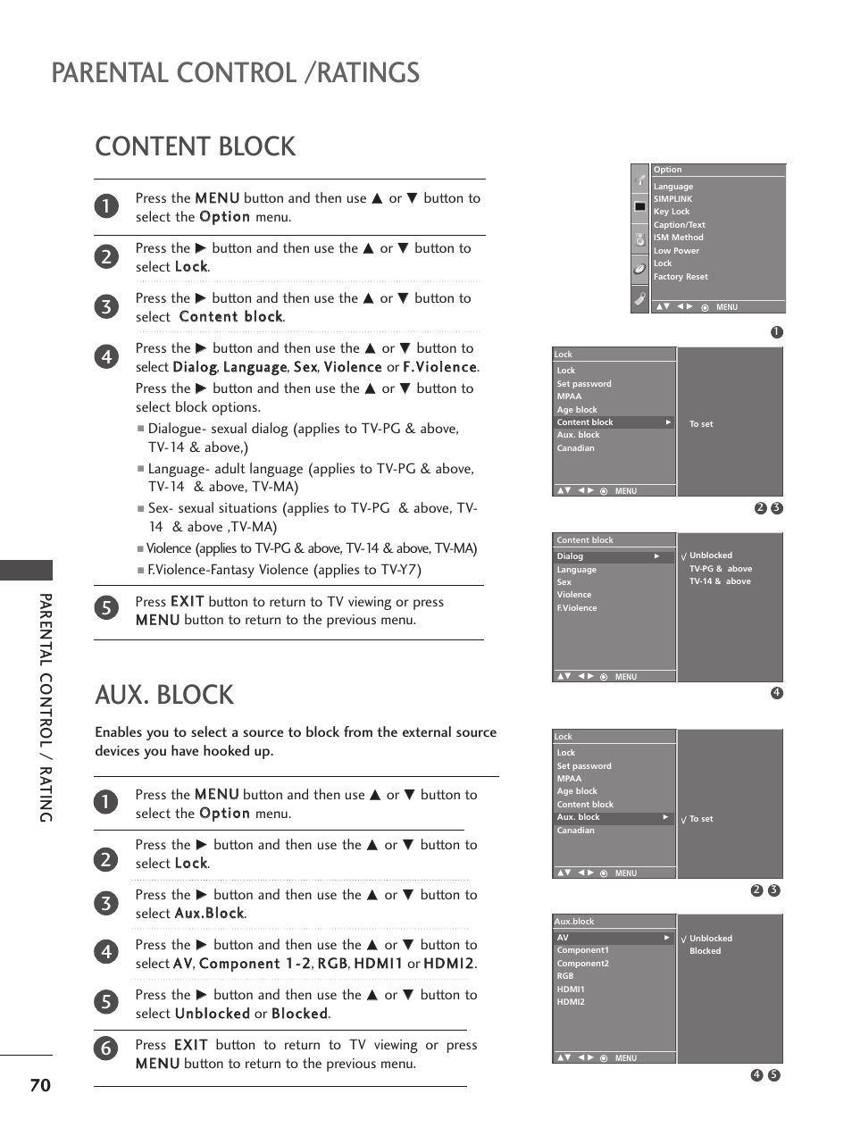 Content block, Aux. block, Parental control /ratings | Parent al contr ol / r ating | LG 32PC5RV User Manual | Page 72 / 78