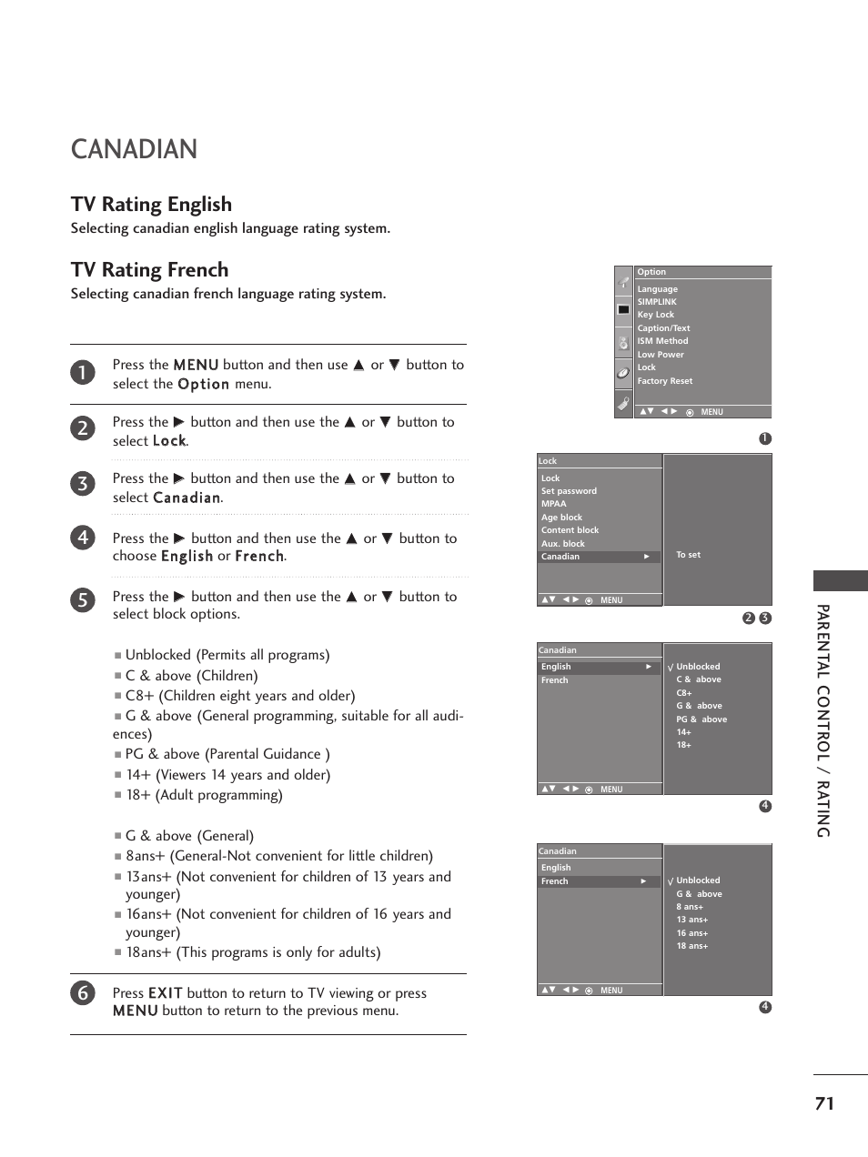 Canadian, Tv rating english, Tv rating french | Parent al contr ol / r ating | LG 32PC5RV User Manual | Page 73 / 78