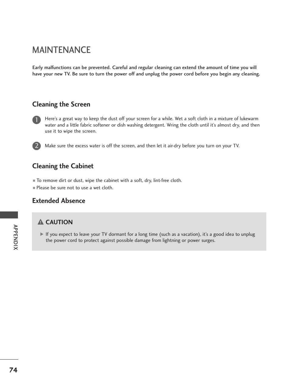 Maintenance, Cleaning the screen, Cleaning the cabinet | Extended absence | LG 32PC5RV User Manual | Page 76 / 78