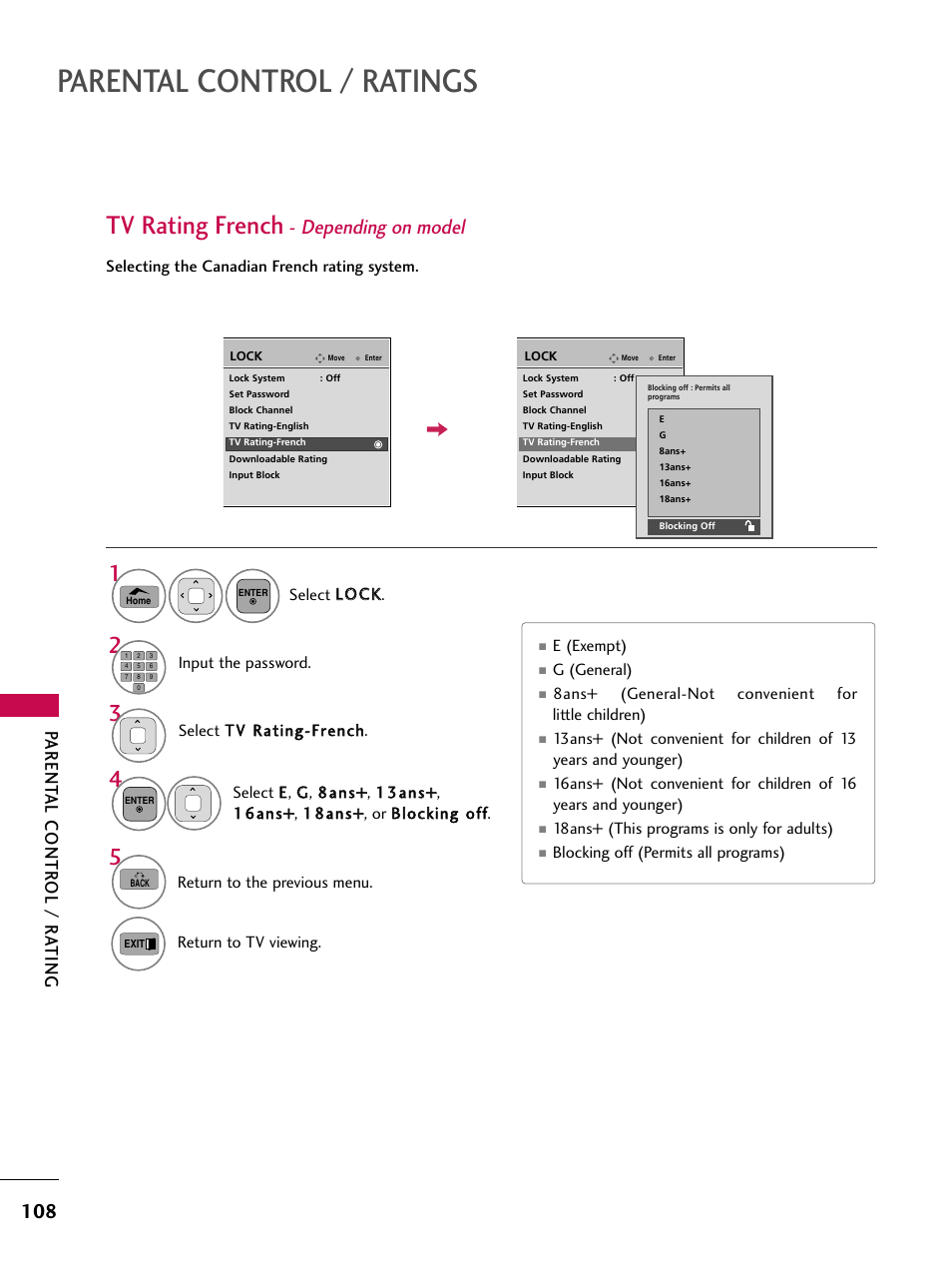 Tv rating french - depending on model, Parental control / ratings, Tv rating french | Depending on model, Parent al contr ol / r a ting | LG 50PV450C User Manual | Page 108 / 124