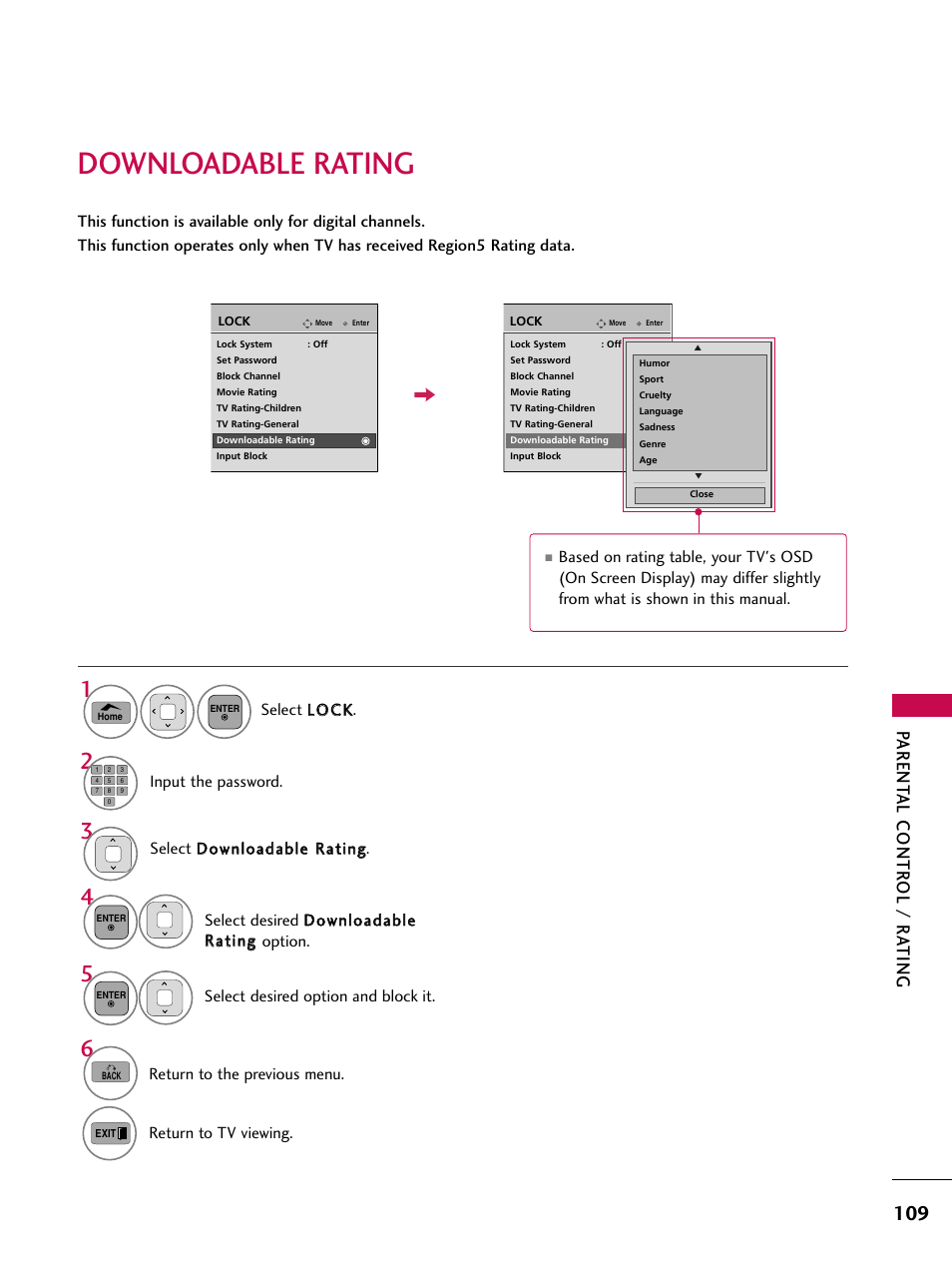 Downloadable rating, Parent al contr ol / r a ting | LG 50PV450C User Manual | Page 109 / 124