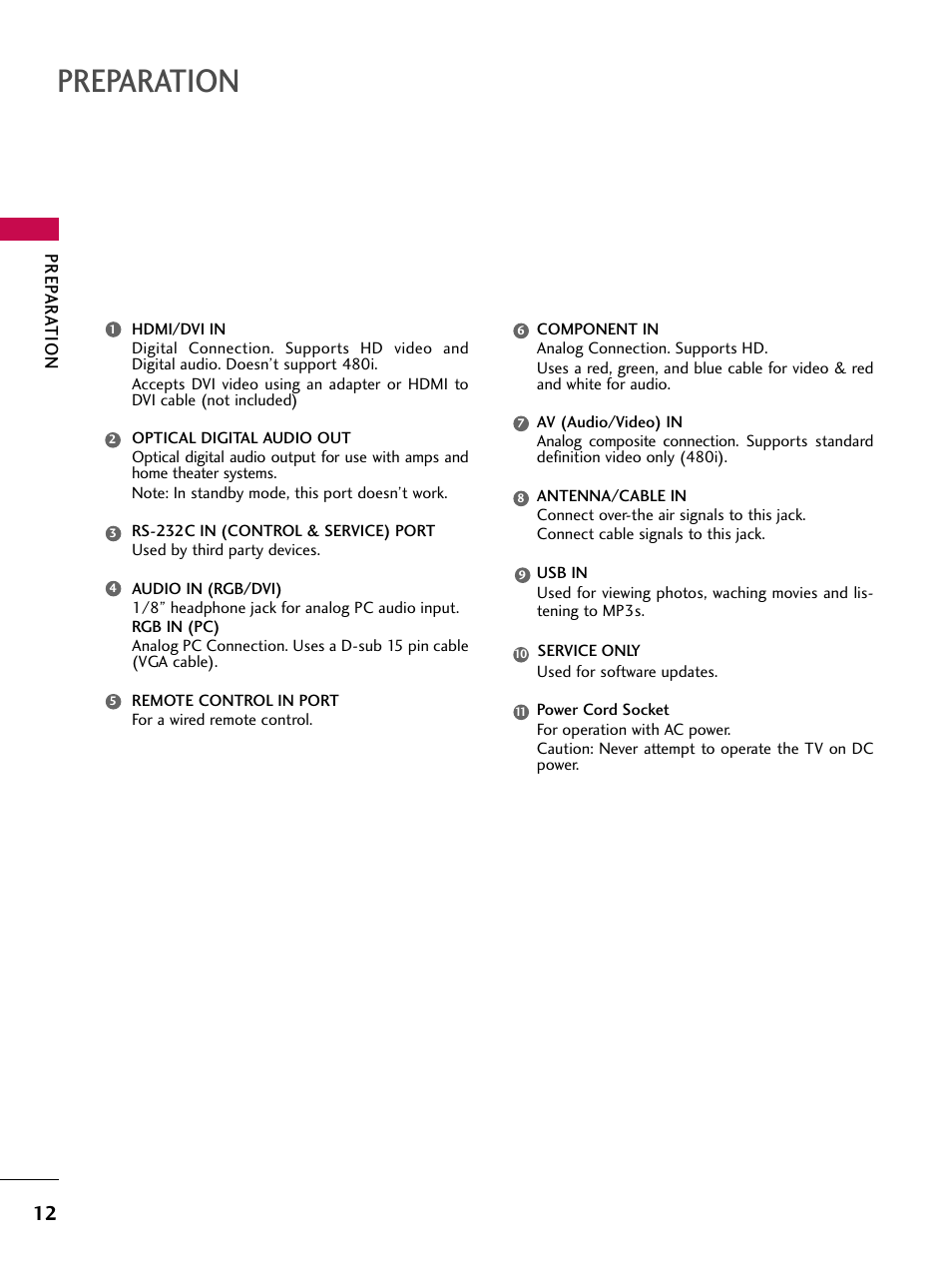 Preparation, Prep ar a tion | LG 50PV450C User Manual | Page 12 / 124