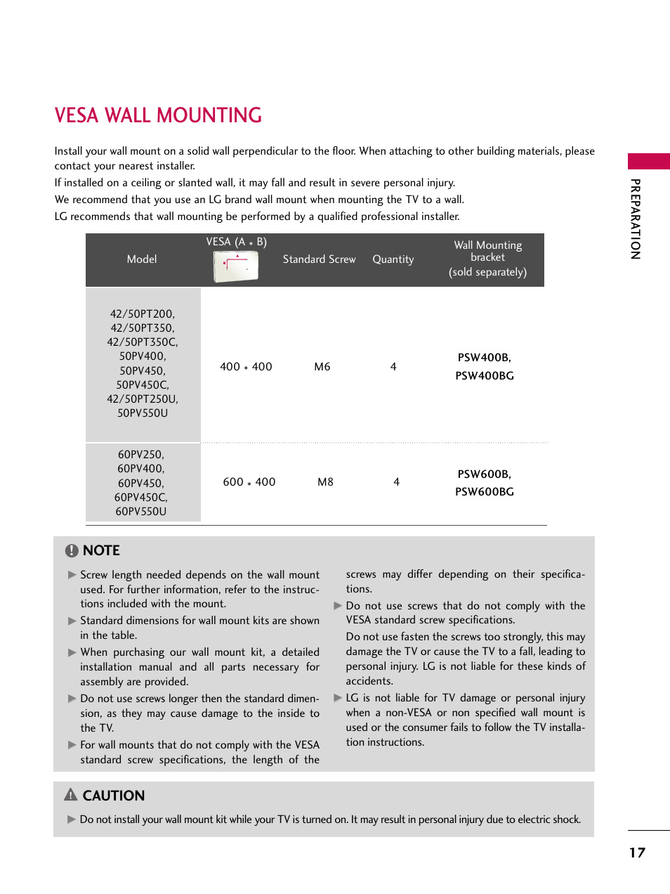 Vesa wall mounting, Caution, Prep ar a tion | LG 50PV450C User Manual | Page 17 / 124