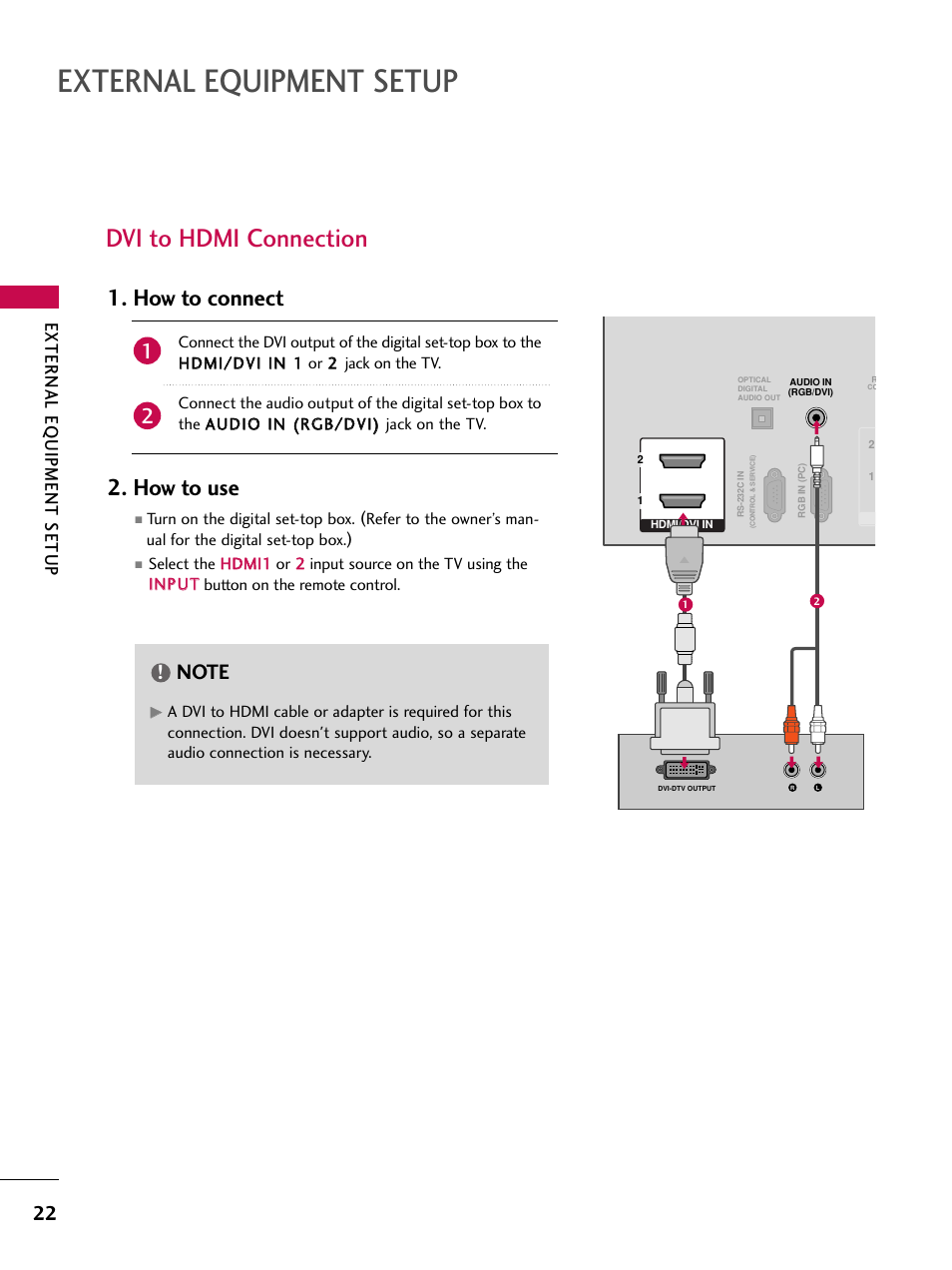Dvi to hdmi connection, External equipment setup, How to connect 2. how to use | External eq uipment setup | LG 50PV450C User Manual | Page 22 / 124