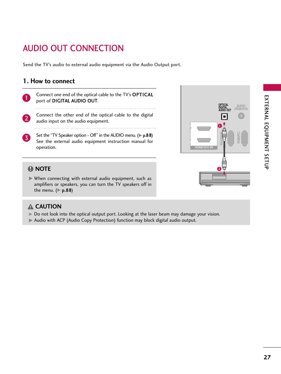 Audio out connection, How to connect, Caution | External eq uipment setup | LG 50PV450C User Manual | Page 27 / 124