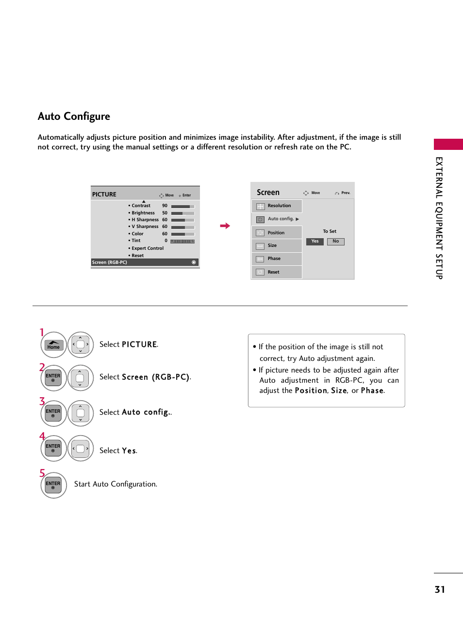 Auto configure, External eq uipment setup | LG 50PV450C User Manual | Page 31 / 124