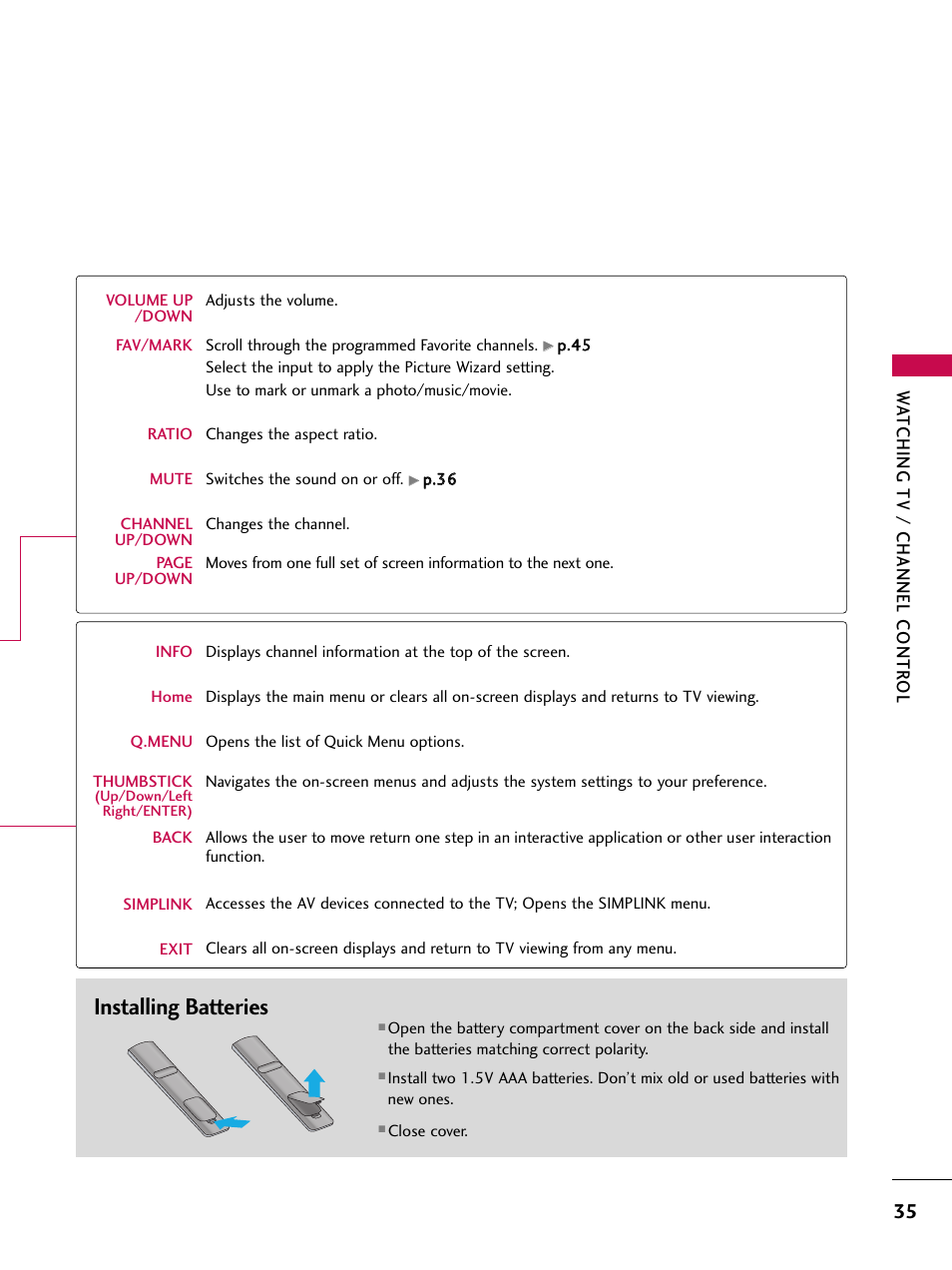 Installing batteries | LG 50PV450C User Manual | Page 35 / 124