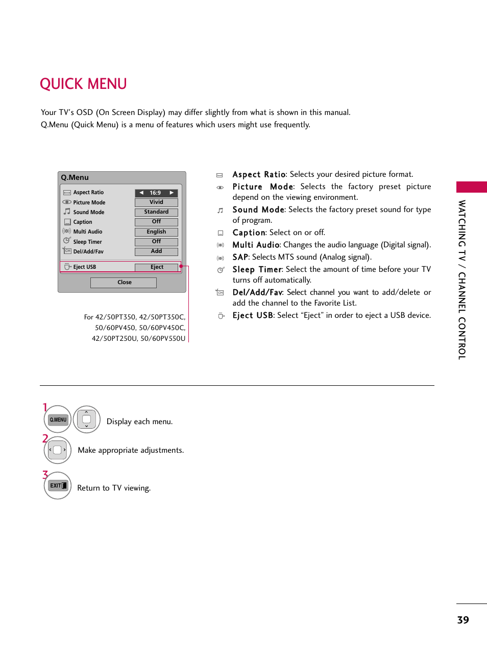 Quick menu, Wa tching tv / channel contr ol | LG 50PV450C User Manual | Page 39 / 124