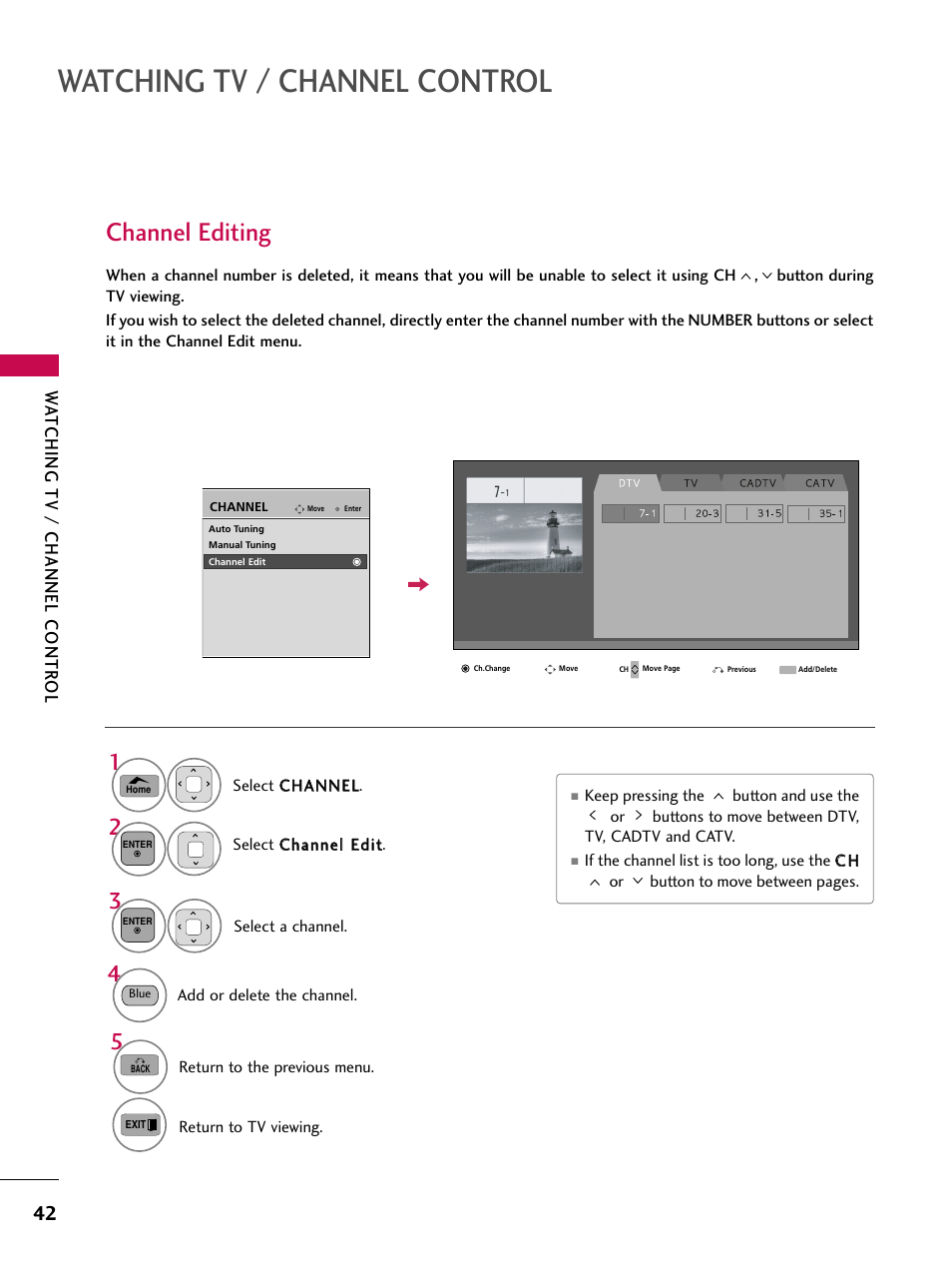 Channel editing, Watching tv / channel control, Wa tching tv / channel contr ol | LG 50PV450C User Manual | Page 42 / 124
