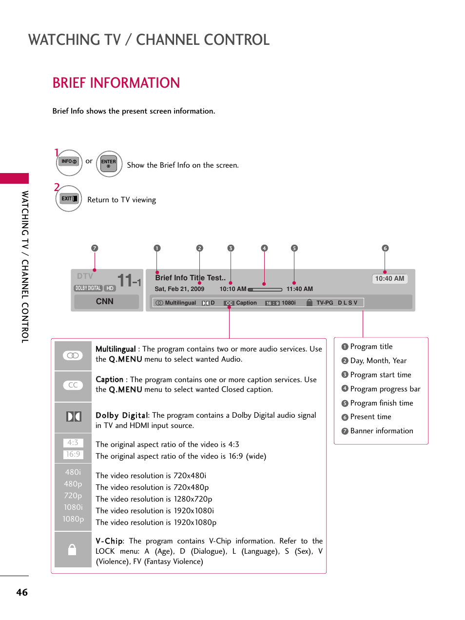 Brief information, Watching tv / channel control, Wa tching tv / channel contr ol | LG 50PV450C User Manual | Page 46 / 124