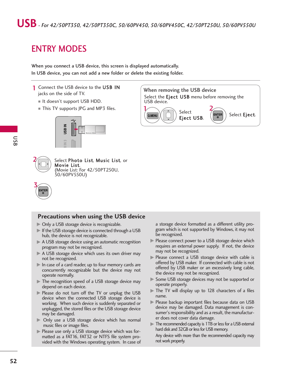 Entry modes, Precautions when using the usb device, When removing the usb device | LG 50PV450C User Manual | Page 52 / 124